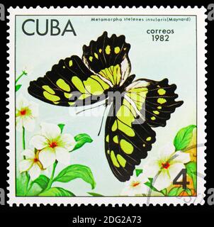 MOSKAU, RUSSLAND - 21. OKTOBER 2018: Eine in Kuba gedruckte Briefmarke zeigt Malachit (Metamorphe stelenes ssp. Insularis), Serie Schmetterlinge, um 1982 Stockfoto