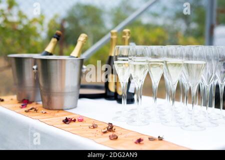 Flaschen Champagner in Eiskübeln und Gläser in der Nähe. Luxus Hochzeit Begrüßungsgetränk Tisch. Willkommensgruß für Gäste. Selektiver Fokus. Stockfoto