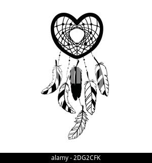 Die Silhouette des Dreamcatchers ist mit Federn und Perlen verziert. Handgezeichnete Vektorgrafik. Stock Vektor