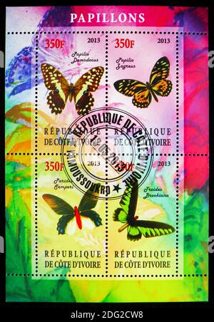 MOSKAU, RUSSLAND - 21. OKTOBER 2018: Vier Briefmarken gedruckt auf Elfenbeinküste aus der Serie Butterflies, circa2013 Stockfoto