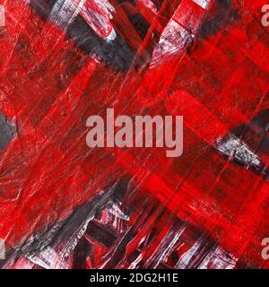 Ausdrucksstarker abstrakter Hintergrund mit rotem Kreuz. Handgezeichnete Grunge-Textur Stockfoto