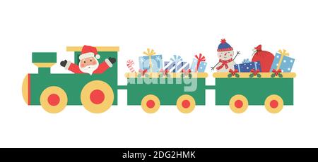 Weihnachtszug mit Geschenken. Es gibt auch Santa Claus und Schneemann auf dem Bild. Vektorgrafik Stock Vektor