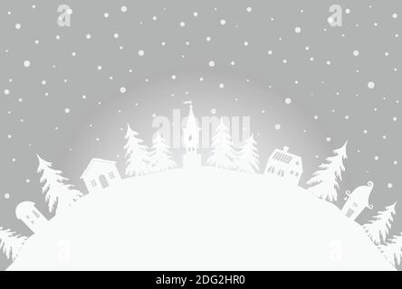 Weihnachten Hintergrund. Winterdorf. Märchenhafte Winterlandschaft. Es gibt weiße Häuser und Tannen auf einem grauen Hintergrund im Bild. Stock Vektor