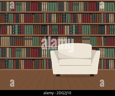 Inneneinrichtung der Bibliothek. Es gibt einen weißen Sessel auf einem Bücherregal Hintergrund. Alte Bücher auf den Regalen. Vektorgrafik flach. Stock Vektor