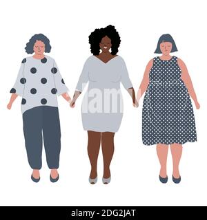 Plump Frauen halten die Hände. Plus Größe Mädchen verschiedener Rassen. Body positive Konzept. Love Your Body Vektorgrafik. Stock Vektor