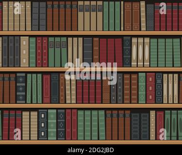 Bücherregale mit Büchern. Nahtloser Hintergrund. Alte Bücher auf den Regalen. Bibliothek mit Retro-Büchern. Buchhandlung. Vektorgrafik. Flacher Style. Stock Vektor