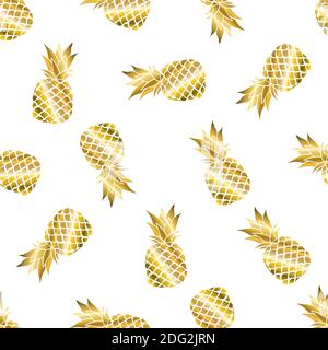 Goldene Ananas auf farbigem Hintergrund. Nahtloses Muster im Vektor. Abbildung der Früchte Stock Vektor