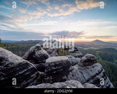 Freiliegendes Sandsteingestein. Morgendämmerung in den Bergen - Umrisse von Birke und die Spitze einer Bergkette im Nebel gegen den rosa Streifen des Himmels Stockfoto