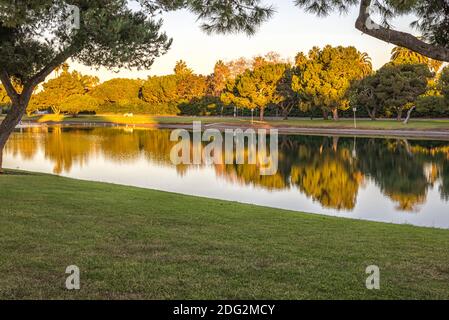 Novembermorgen im Mission Bay Park. San Diego, CA, USA. Dies wurde am Model Boat Pond fotografiert. Stockfoto