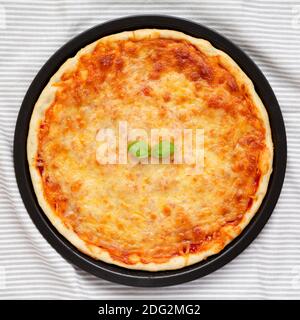 Hausgemachte Neopolitan Pizza mit Käse und Basilikum, Draufsicht. Flach, von oben, über Kopf. Stockfoto