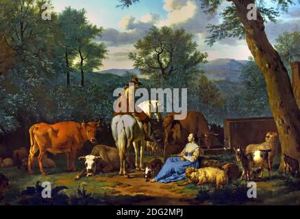 Landschaft mit Menschen und Rindern 1664 von Adriaen van de Velde 1636 - 1672 Niederländisch die Niederlande. ( Tier- und Landschaftsmaler ) Stockfoto