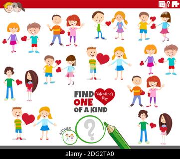 Cartoon Illustration der finden Sie eine Art Bild pädagogisch Spiel mit Mädchen und Jungen am Valentinstag Stock Vektor
