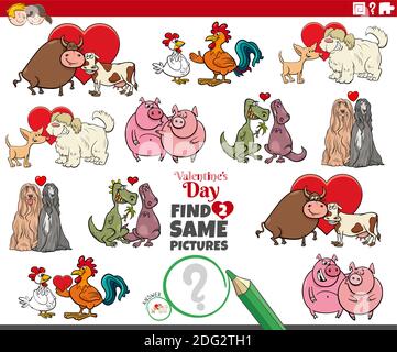 Cartoon Illustration der Suche nach zwei gleichen Bildern pädagogische Spiel mit Tierpaare am Valentinstag Stock Vektor
