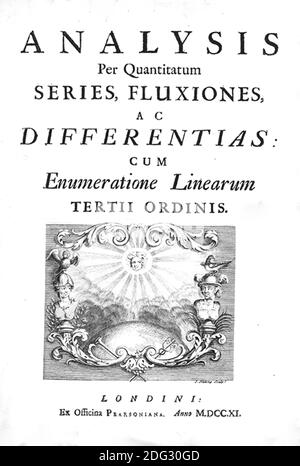 ISAAC NEWTON (1642-1726/7) englischer Mathematiker, Physiker, Theologe und Autor. Titelseite seiner Arbeit 1711 über Kalkül. Stockfoto