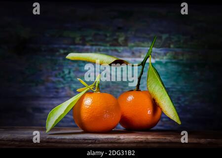 Tachibana Citrus Paar auf Holzregal. Vielfalt von Mandarine Orange.Zitrusfrüchte. Tachibana Orange ist wissenschaftlicher Name.aus Familie Rutaceae Stockfoto