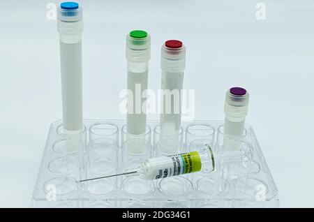 Influenza-Impfstoff. 1 Dosis (0,50 ml) Suspension zur Injektion in den Deltoidmuskel. Los. Ablaufdatum. Stockfoto