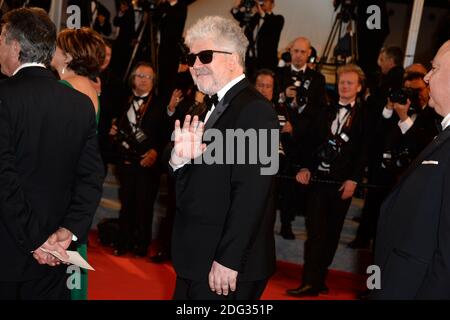 Datei Foto : Produzent Pedro Almodovar bei der Ankunft in Relatos Salvajes Vorführung im Palais des Festivals in Cannes, Frankreich am 17. Mai 2014, im Rahmen der 67. Cannes Film Festival. Der legendäre spanische Regisseur und Drehbuchautor Pedro Almodovar wurde zum Präsidenten der Jury für die 70. Ausgabe der Filmfestspiele von Cannes ernannt. Almodovars Filme, ein langjähriger Festivalfavorit, waren fünf Mal im Rennen um die begehrte Palme d'Or, er folgt auf Mad Max: Fury Road Regisseur George Miller als Jurypräsident. Foto von Nicolas Briquet/ABACAPRESS.COM Stockfoto