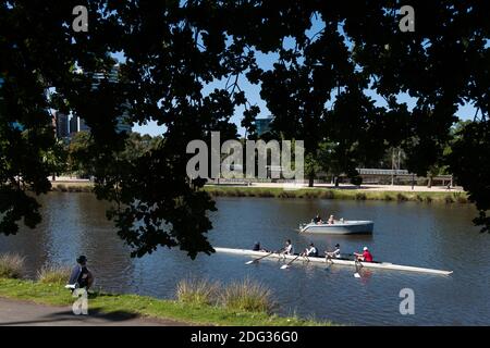 Melbourne, Australien, 4. Dezember 2020. Am 35. Tag der Zero COVID-19-Fälle in Victoria, Australien, werden vier Crew und ihr Trainer auf der Yarra gesehen. Der Schul- und Gemeinschafts-Sport steigt an, und wenn sich das Wetter verbessert, wagen sich mehr Menschen aus und über diese großartige Stadt zu genießen. Premier Daniel Andrews wird immer mehr unter Druck gesetzt, sein Versprechen einzuhalten, alle verbleibenden Beschränkungen aufzuheben. Kredit: Dave Hewison/Alamy Live Nachrichten Stockfoto