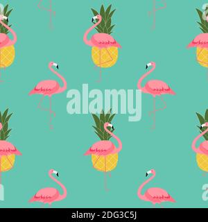 Bunte Rosa Flamingo und Ananas Nahtloses Muster Hintergrund. Abbildung. Stockfoto