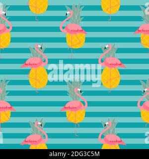 Bunte Rosa Flamingo und Ananas Nahtloses Muster Hintergrund. Abbildung. Stockfoto