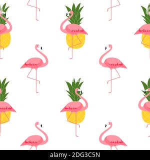 Bunte Rosa Flamingo und Ananas Nahtloses Muster Hintergrund. Abbildung. Stockfoto