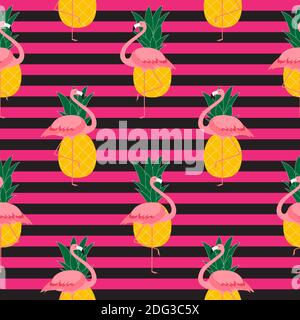 Bunte Rosa Flamingo und Ananas Nahtloses Muster Hintergrund. Abbildung. Stockfoto