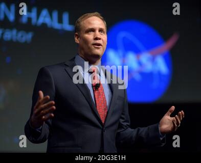 NASA-Administrator Jim Bridenstine spricht während einer NASA-Stadthalle-Veranstaltung am NASA-Hauptsitz am 17. Mai 2018 in Washington, DC. Stockfoto