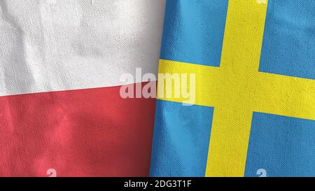 Schweden und Polen zwei Flaggen Textil Stoff 3D-Rendering Stockfoto