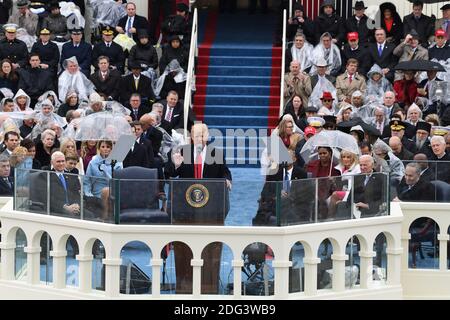Präsident Donald Trump hält seine Antrittsrede bei der Amtseinführung am 20. Januar 2017 in Washington, D.C., Trump wurde der 45. Präsident der Vereinigten Staaten. Foto von Pat Benic/UPI Stockfoto