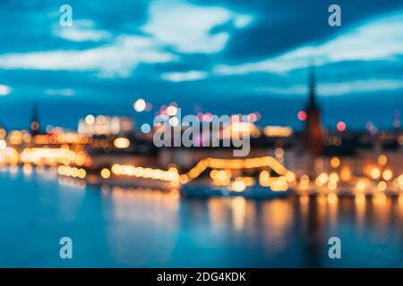 Stockholm, Schweden. Nacht Skyline Abstrakt Boke Bokeh Hintergrund. Designhintergrund. Panoramablick Stockfoto