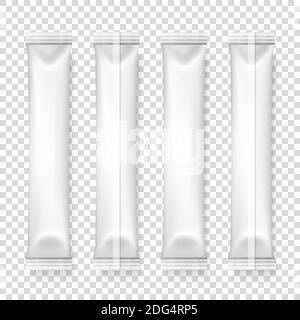 Vector 3d realistische weiße Kunststoff oder Papier lange dünne Blank Verpackung Set isoliert. Drogen, Kaffee, Salz, Zucker, Pfeffer, Gewürze, Beutel, Süßigkeiten Wrapper Stock Vektor