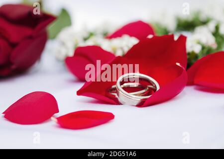 Eheringe auf Rosenblättern Stockfoto