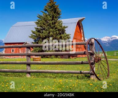 Alte rote Scheune unter den Missionsbergen bei ronan, montana Stockfoto