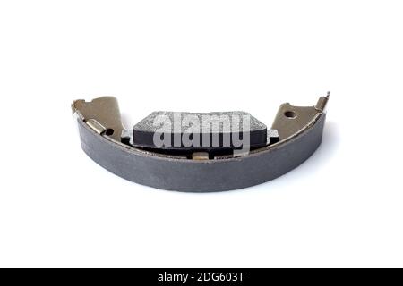 Set von Asbest Bremsbeläge und Bremsbacke für Scheiben-und Trommelbremsen, Ersatz-Ersatzteile des Auto-Bremssystem isoliert auf weißem Hintergrund, nobo Stockfoto
