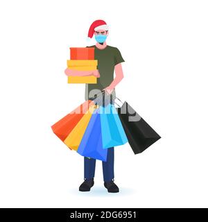 Mann in santa Hut hält Einkaufstaschen Kerl mit Masken Um zu verhindern, Coronavirus Pandemie Neujahr weihnachtsfeiertage Konzept Vektordarstellung in voller Länge Stock Vektor
