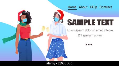 Mix Rennen Frauen in Masken trinken Champagner Neujahr Party weihnachten Feiertage Feier Konzept Portrait kopieren Raum horizontal Vektor Illustration Stock Vektor