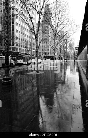 Melbourne, Australien, 14. August 2020. Ein Blick auf eine Wet Swanston Street während der COVID-19 in Melbourne, Australien. Victoria hat 14 COVID-bezogene Todesfälle registriert, darunter ein 20-jähriger, der jüngste, der in Australien an Coronavirus starb, und weitere 372 neue Fälle über Nacht.Quelle: Dave Hewison/Alamy Live News Stockfoto