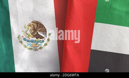 Vereinigte Arabische Emirate und Mexiko zwei Flaggen Textil Tuch 3D Rendering Stockfoto