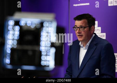 Melbourne, Australien, 26. September 2020. Premier Daniel Andrews spricht bei einer Pressekonferenz im Treasury Theatre am 26. September 2020 in Melbourne, Australien, zu den Medien. Victorias Gesundheitsministerin Jenny Mikakos ist am Samstag nach der Quarantäneuntersuchung des Hotels zurückgetreten. Premier Daniel Andrews gab am letzten Tag der Untersuchung am Freitag Beweise und sagte, er betrachtete Jenny Mikakos für das Programm verantwortlich, das schließlich zu Victorias COVID-19 zweite Welle führte.Quelle: Dave Hewison/Alamy Live News Stockfoto