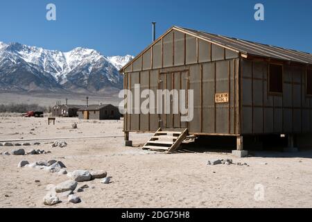 Block 14 Baracken in Manzanar National Historic Site, ein Lager, in dem japanische Amerikaner während des Zweiten Weltkriegs in Owens Valley, Kalifornien interniert wurden. Stockfoto