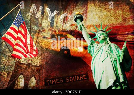 Collage im Vintage-Stil mit New Yorker Stadtsymbolen Stockfoto