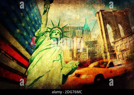 Collage im Vintage-Stil mit New Yorker Stadtsymbolen Stockfoto