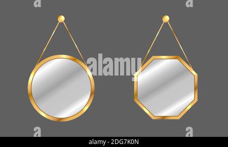 Spiegel zum Aufhängen. Kreis- und quadratische Spiegel mit goldenem Rahmen. Stock Vektor