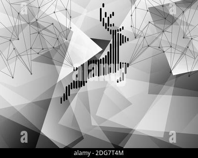 Monochrome Illustration, polygonaler abstrakter Hintergrund, skizzenhafter Hirsch aus Linien Stockfoto
