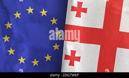 Georgien und der Europäischen Union zwei Flaggen Textil Stoff 3D-Rendering Stockfoto