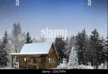 Schneemann in den Wäldern in der Nähe der festlichen Weihnachtsbaum. Stockfoto