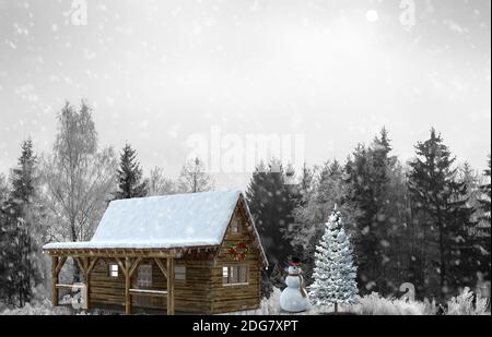 Schneemann in den Wäldern in der Nähe der festlichen Weihnachtsbaum. Stockfoto