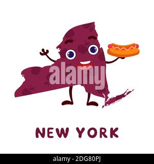 Niedliche Karikatur New York Staat Charakter Cliparts. Illustrierte Karte des Bundesstaates New York der USA mit Staatsname. Lustige Charakter-Design für Kinder Spiel, Stock Vektor