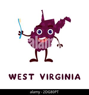 Niedliche Cartoon West Virginia Staat Charakter Cliparts. Illustrierte Karte des Bundesstaates West Virginia von USA mit Staatsname. Lustiges Charakter-Design für Kinder Stock Vektor