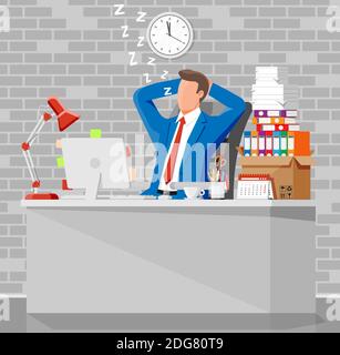 Geschäftsmann Charakter schlafen in Haufen von Papieren. Müde Geschäftsmann oder Büroangestellte schlafen am Arbeitsplatz. Stress bei der Arbeit. Bürokratie, Papierkram, Frist. Vektorgrafik im flachen Stil Stock Vektor